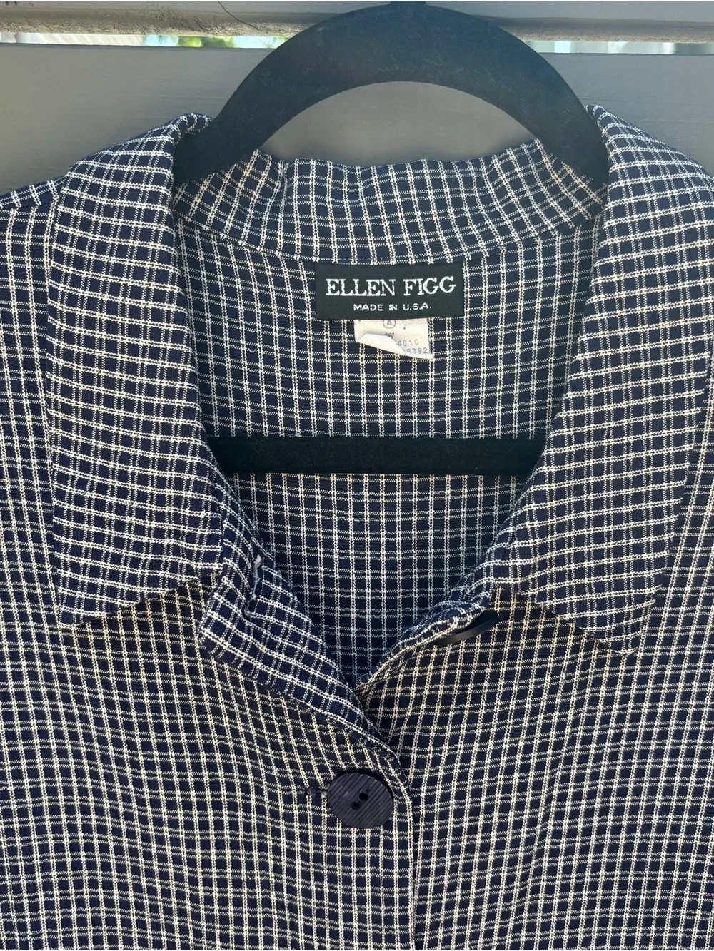 Vintage Ellen Figg Navy Check Button Front Blouse Top L Made USA